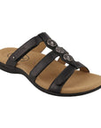 Black leather sandal with three adjustable straps and three silver medalion details on T-strap. Sandal has brown footbed and black outsole.