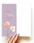 Purple card with flowers and reads "mom, thank you for being super."