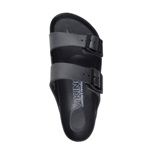 Top view of dark grey EVA sandal with two white buckles and white outsole. White Viking logo on center of footbed.