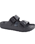 Grey EVA sandal with two black buckles and black outsole.