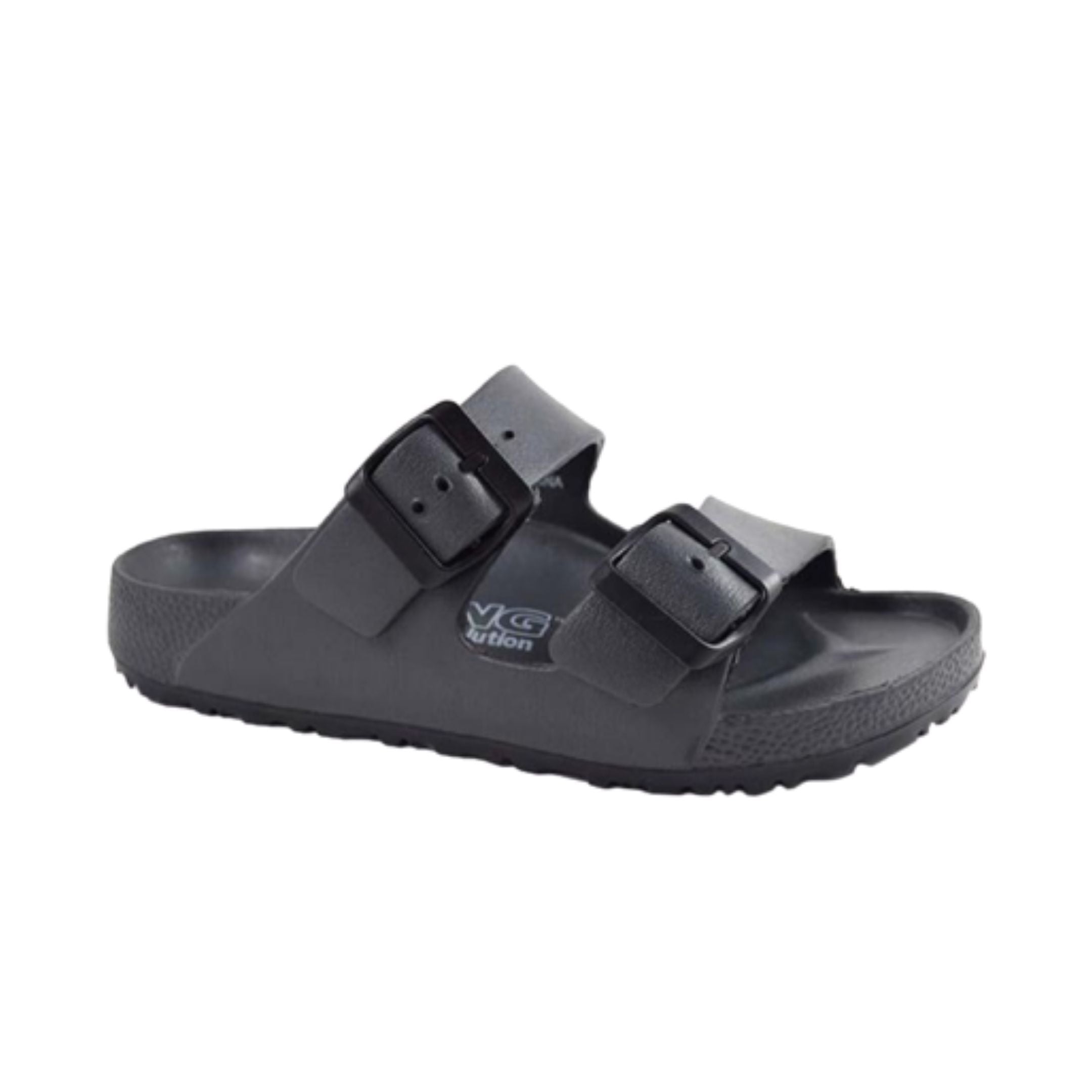Grey EVA sandal with two black buckles and white outsole.