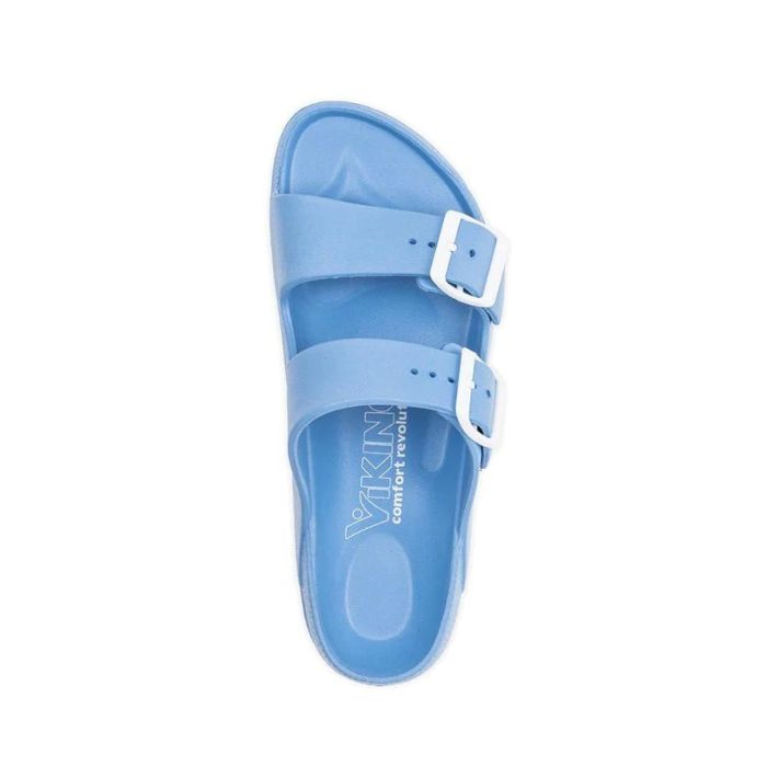 Top view of baby blue EVA sandal with two white buckles and white outsole. White Viking logo on center of footbed.