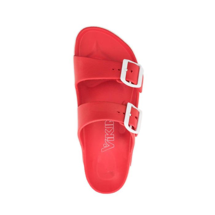Top view of red EVA sandal with two white buckles and white outsole. White Viking logo on center of footbed.
