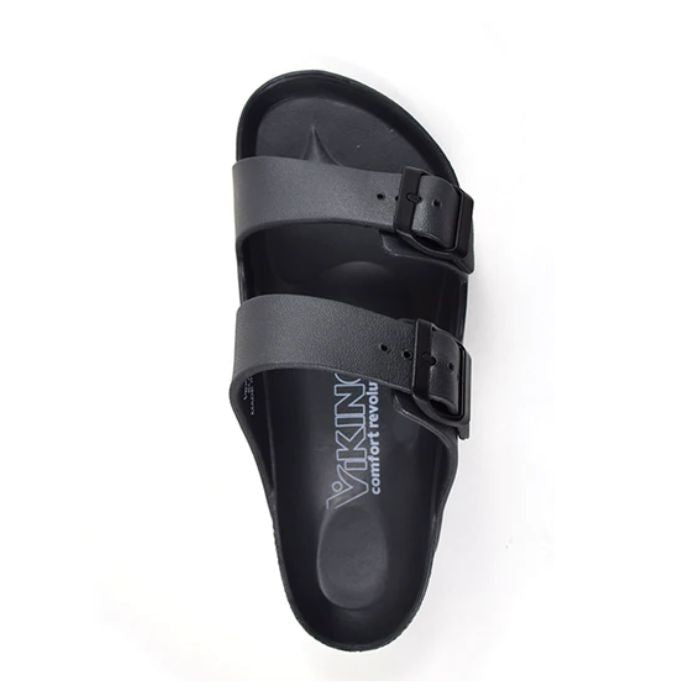 Top view of EVA sandal with two black buckles and black outsole. White Viking sandal logo printed on footbed.