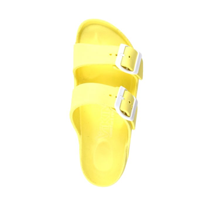 Top view of yellow EVA sandal with two white buckles and white outsole. White Viking logo on center of footbed.