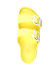 Top view of yellow EVA sandal with two white buckles and white outsole. White Viking logo on center of footbed.