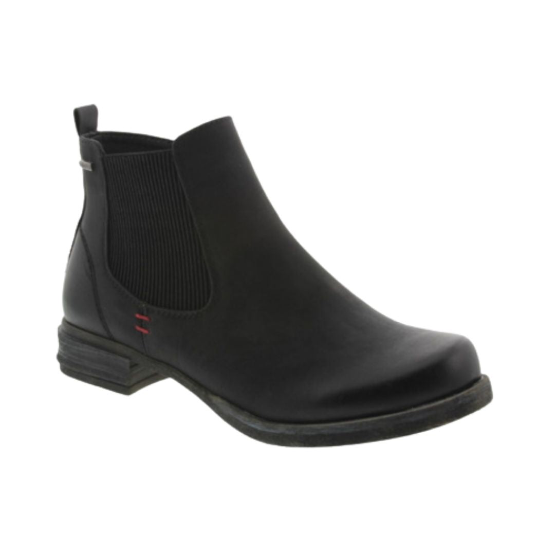 Black ankle boot with elastic goring, heel pull tab, and red accent stitching.