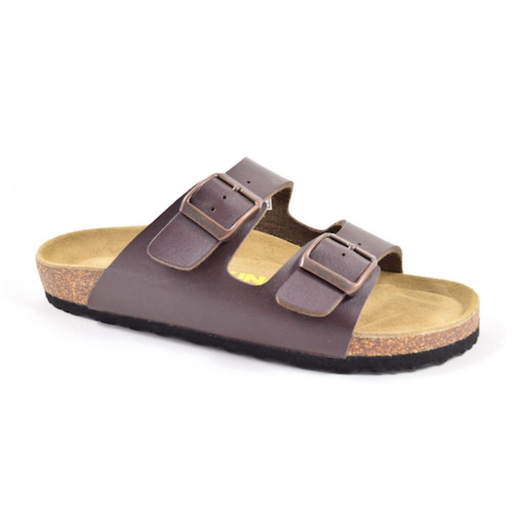 Brown supportive sandal with two buckles and a black outsole.