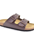 Brown supportive sandal with two buckles and a black outsole.