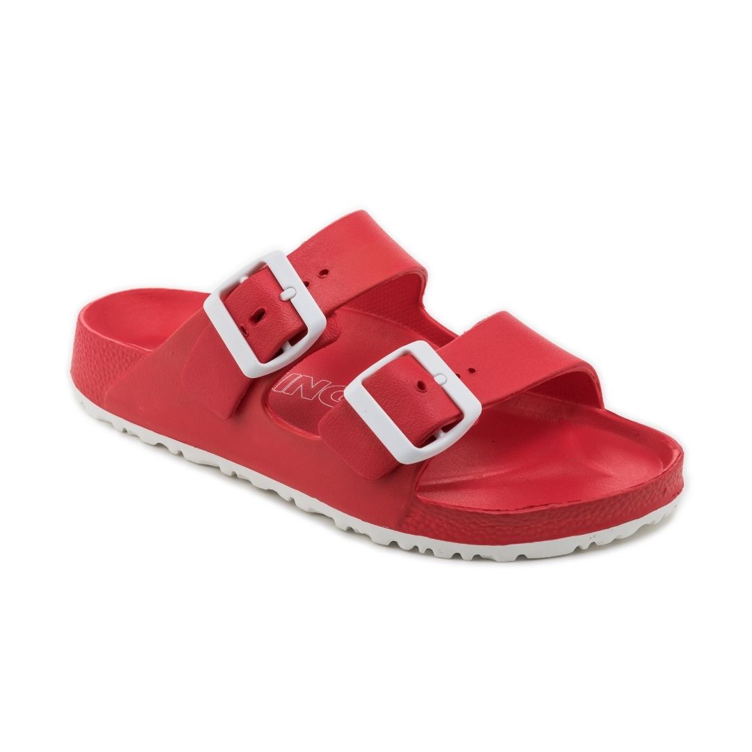 Red EVA sandal with two white buckles and white outsole.