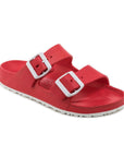 Red EVA sandal with two white buckles and white outsole.