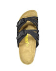 Top view of black with studs slide sandal with two buckled straps. Yellow Viking logo on center of footbed.