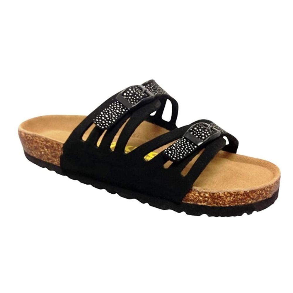 Black with stud details supportive sandal with two straps with cutouts and buckle closures..