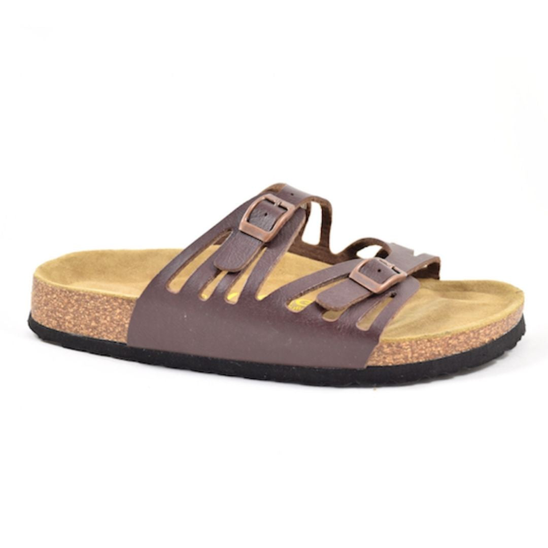 Brown supportive sandal with two straps with cutouts and buckle closures..