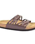 Brown supportive sandal with two straps with cutouts and buckle closures..