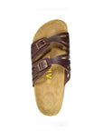 Top view of brown slide sandal with two buckled straps. Yellow Viking logo on center of footbed.