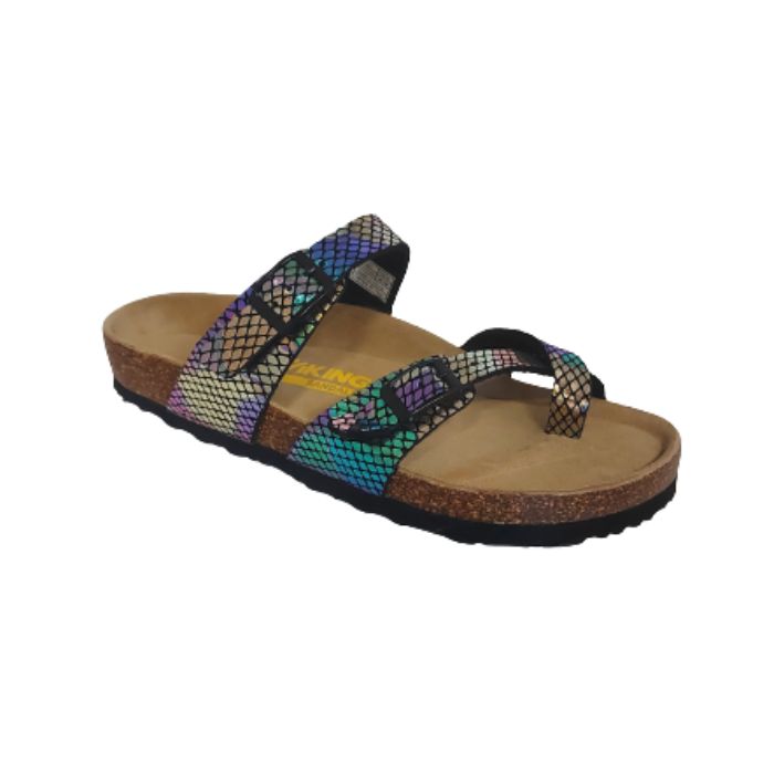 Mermaid printed supportive sandal with toe loop, two adjustable buckle closures and a black outsole.