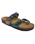 Mermaid printed supportive sandal with toe loop, two adjustable buckle closures and a black outsole.