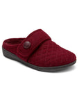 Red slide slippers with quilted pattern and black outsole.