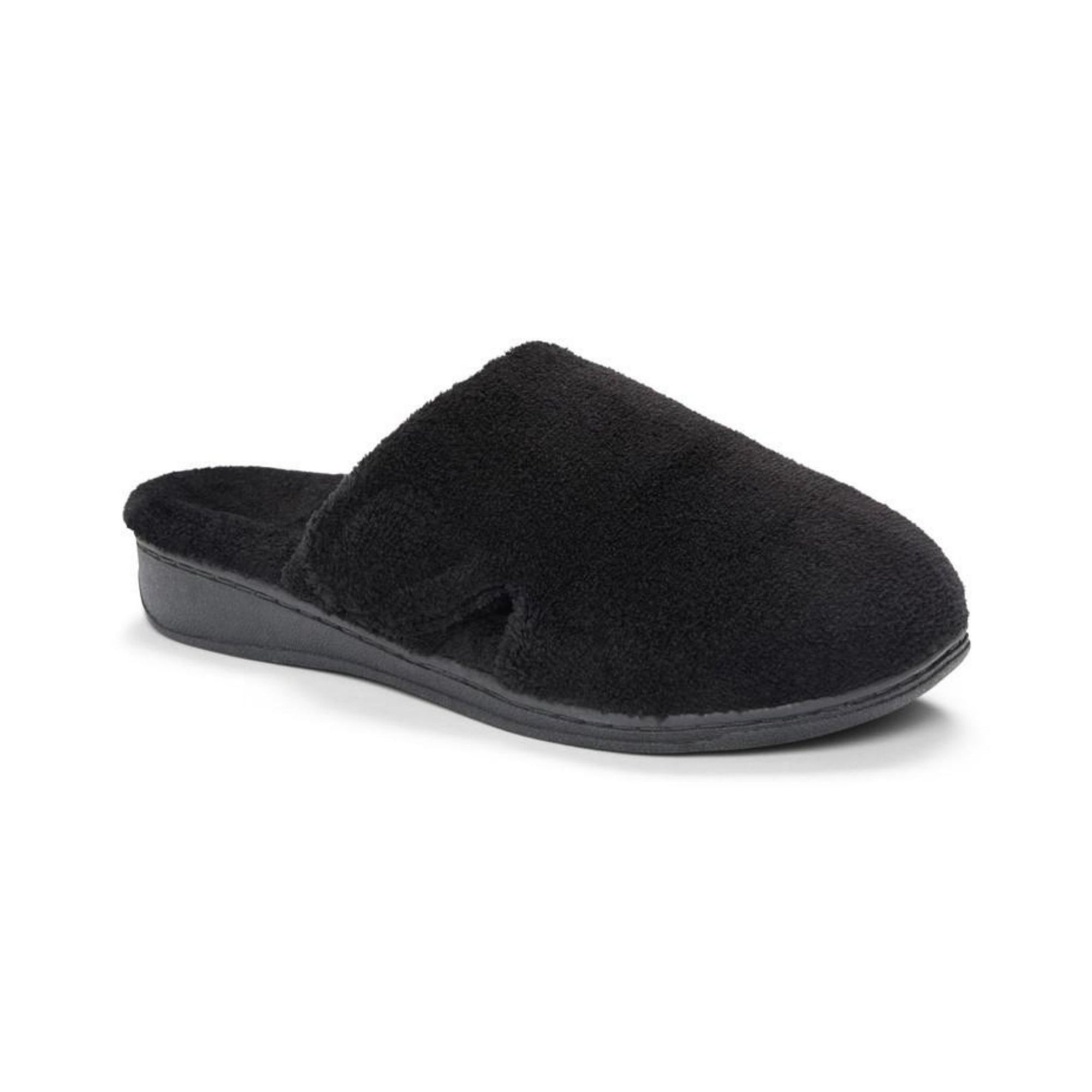 Black fuzzy mule slip on slipper with black outsole.