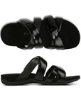 Top and side view of black leather and patenet slip-on sandal made by Vionic.