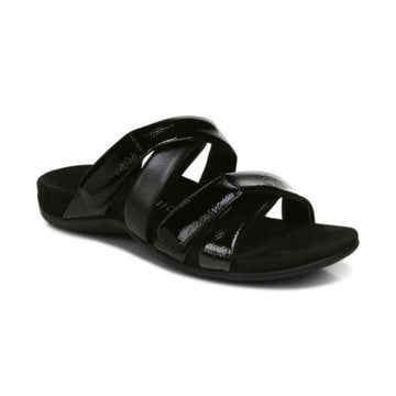 Black leather and patenet slip-on sandal made by Vionic.