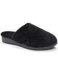 Black fuzzy slip on slipper with black outsole.