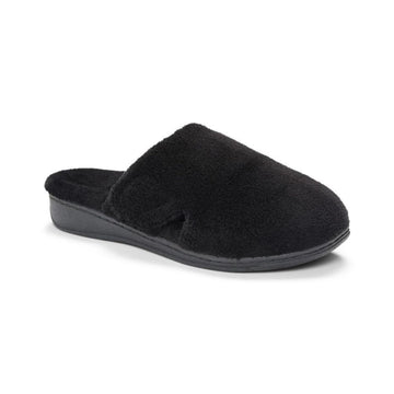 Black fuzzy slip on slipper with black outsole.