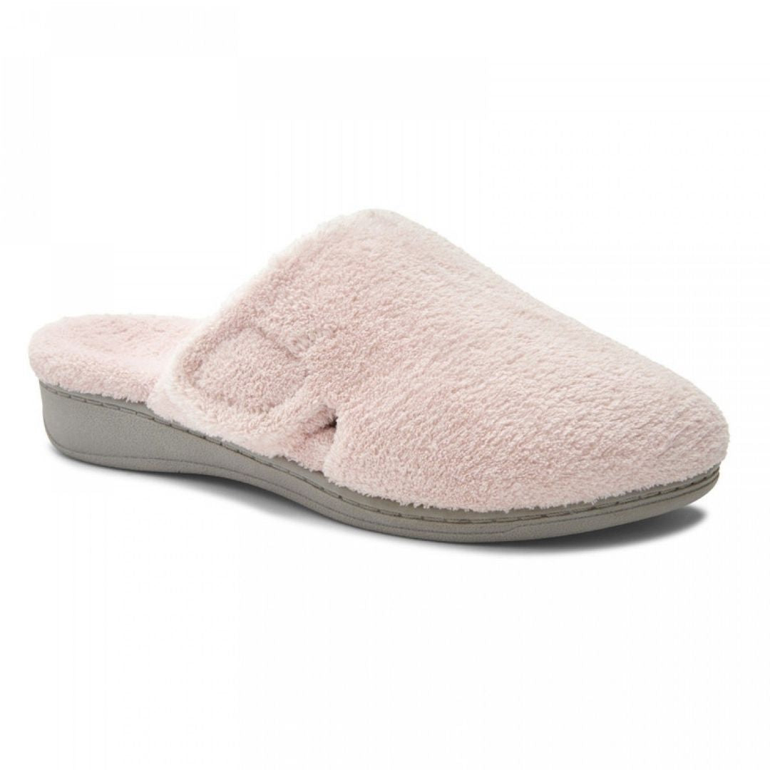 Pink fuzzy slip on slipper with grey outsole.