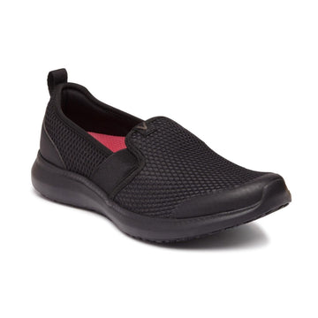 Black slip on Vionic shoe with supportive pink insole.