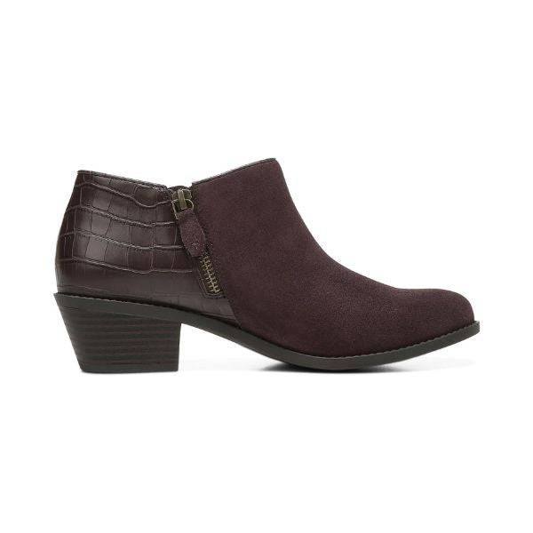 Brown suede and crocco ankle boot with low stacked heel.