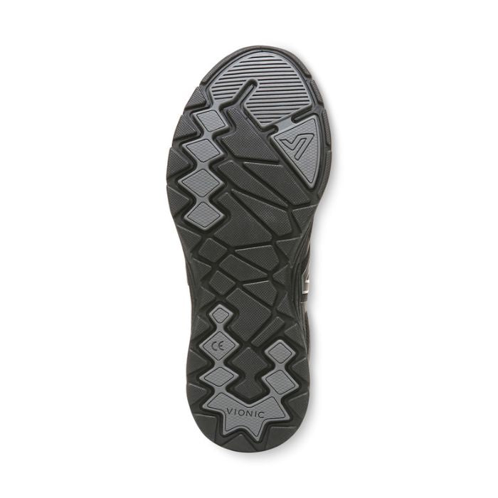 Black and grey rubber outsole of womne's Vionic sneaker.