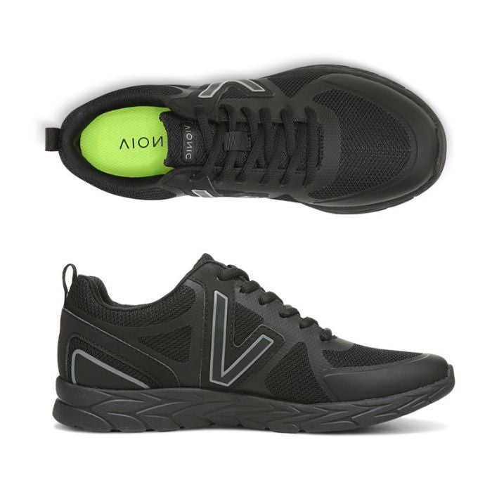 All black lace up sneaker with V on side. Sneaker has lime green insole with Vionic logo on heel.