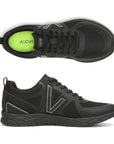 All black lace up sneaker with V on side. Sneaker has lime green insole with Vionic logo on heel.