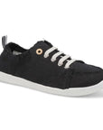 Black cotton canvas slip on sneaker with elastic laces with white outsole.