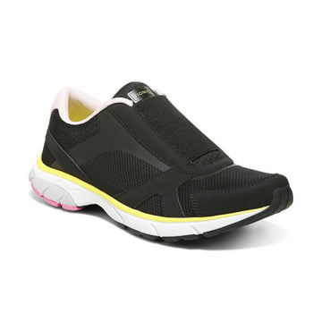 Black slip on sneaker with yellow and white midsole.