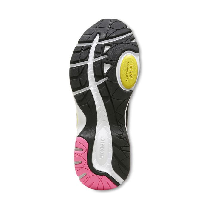 Black, white, yellow and pink rubber outsole of women's Vionic slip-on sneaker.