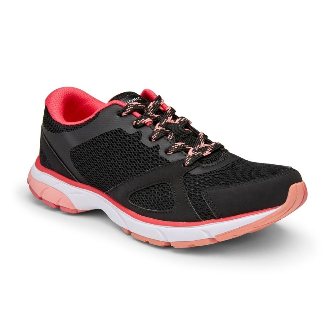 Black mesh and faux leather lace up sneaker with pink accents, white midsole and pink outsole