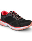 Black mesh and faux leather lace up sneaker with pink accents, white midsole and pink outsole