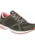 Olive mesh and faux leather lace up sneaker with pink accents, white midsole and pink outsole