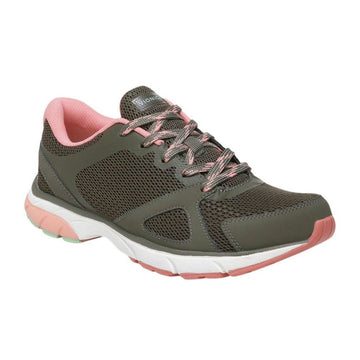 Olive mesh and faux leather lace up sneaker with pink accents, white midsole and pink outsole