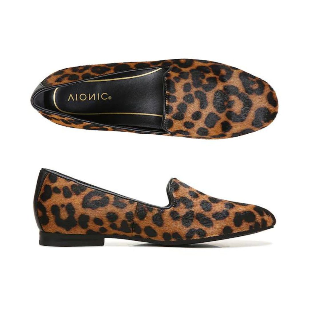 Top and side view of leopard print loafer.