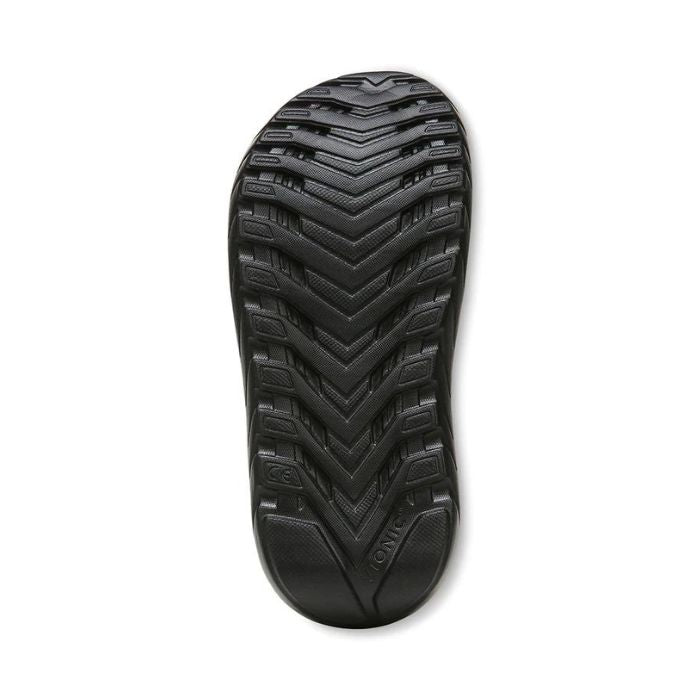 Black rubber outsole of women&#39;s Vionic recovery sandal.