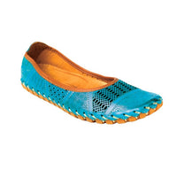 Blue ballerina flat with cuttouts and whip stitch outsole.