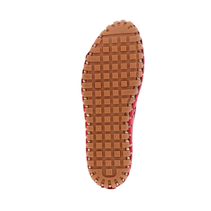 Brown outsole of Volks Walkers red 1232 allerina flat.