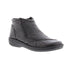Black ankle boot with soft textured upper and side zipper.
