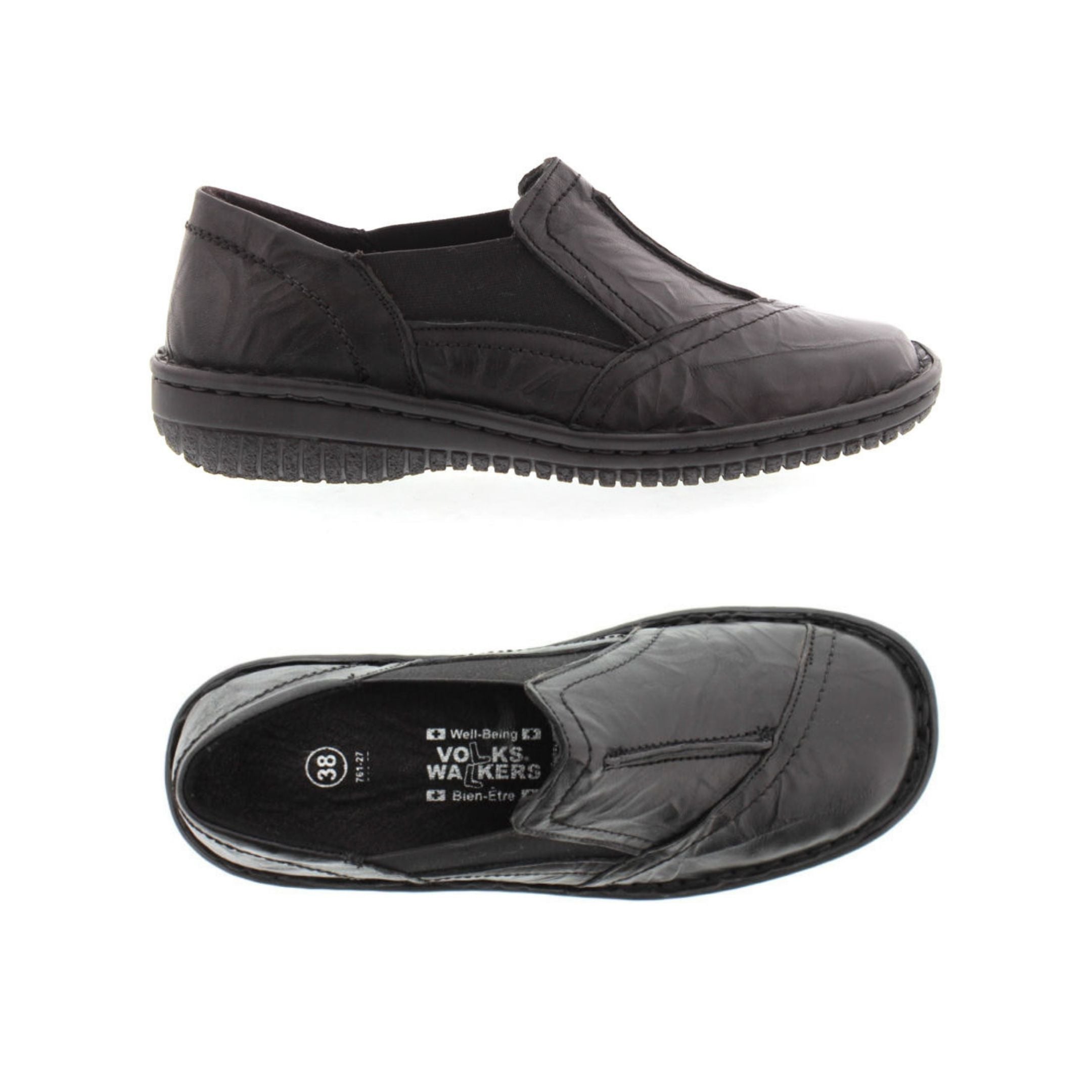 Top and side view Black slip on shoe with side elastic and detail stitching with thick stitched outsole