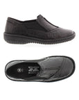 Top and side view Black slip on shoe with side elastic and detail stitching with thick stitched outsole