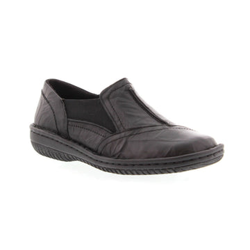 Black slip on shoe with side elastic and detail stitching with thick stitched outsole 