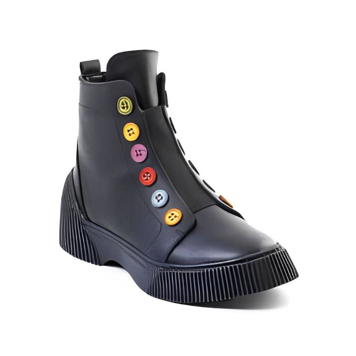 Black leather ankle boots with black platform outsole. Multi-coloured buttons run up front of boot.